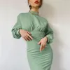 Sommer Frauen Kleid Elegante Midi Kleid Langarm Grün Hohe Taille Feste Beiläufige Damen Kleider Tunika 210422