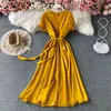 Elegant retro red V-neck puff sleeve dress for womens summer style waist slim temperament large swing vintage 210420