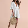 Sexy V-Neck Summer Beach Dress White Cotton Tunic Women Beachwear Bikini Cover-ups Sarong plage Bathing Suit Cover Up