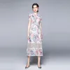 Yaz Moda Kadınlar Retro Kısa Kollu Çiçek Baskı Dantel Patchwork Orta Buzağı Ince Bir Çizgi Rahat OL Midi Elbise Vestido 210514