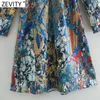 Zevity Women Vintage V Neck Long Sleeve Abstract Flower Print A Line Dress Female Casual Slim Chic Vestido Clothing DS4663 210603