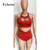 Echoine Womens Solid Sexy Bikinis Set Lace Up Halter Crop Tops High Waist Panties Matching Two Piece Set Outfits Beach Swimsuit X0522