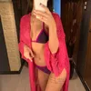 インスピレーションを得たピンクのドット着物シフォン長袖セクシーな女性カバーアップロングブラウスビーチビキニチュニックブラウスシャツサマートップス210412