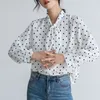 Chemisier en mousseline de soie pour femmes Chemise Automne Manches longues Polka Dot Cardigan Bow Collier Blouses Femmes Plus Taille Vêtements 6051 50 210508