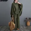 Dimanaf Plus Size Women Two Piece Set Casual Home Wear Office Lady Tops T Shirts Fickor Lösa långa byxor Storbritannien Vår sommar X0428