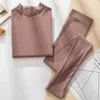 Elegant Lace Turtleneck Thermal Underwear Women Solid Sexy Slim Thermo Suit Winter Pajamas Set Female Warm Long Johns 211217