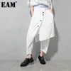 [EAM] taille haute élastique blanc bouton irrégulier Long sarouel pantalon ample femmes mode printemps automne 1DD8347 21512