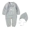 Herfst winter baby jongens meisjes kleine beer rompertjes + hoed kleding kinderen jongen meisje kinderen breien lange mouw romper 210429