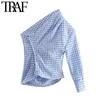 TRAF女性ファッションプリーツの非対称性チェックブラウスビンテージワンショルダーバックボタンアップ女性シャツBLUSASシックトップ210415