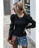 Puff sleeve blouse shirt women spring autumn knitted sweater blouse tops casual blouse tops elegant office lady 210415