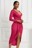 Sexy Tight Long Sleeve V-neck Dress Fall Fashion Solid Color Irregular Stitching Pleated Split Pullover Plus Size 210522