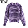 Women Fashion Striped Knitted Sweater Vintage High Neck Long Sleeve Female Pullovers Chic Tops 210507