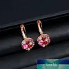 Boucles d'oreilles rondes en cristal pour femmes, petites boucles d'oreilles de luxe, colorées rose rouge, strass, pierre de Zircon, couleur or, bijoux de mariage