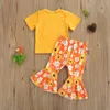 0-3Y Sommer geboren Säugling Baby Mädchen Kleidung Set Brief T-shirt Blume Flare Hosen Outfits Kostüme 210515