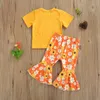 0-3Y Summer Born Baby Girl Vêtements Ensemble Lettre T-shirt Fleur Pantalon Flare Tenues Costumes 210515