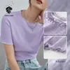 Fansilanen Ofis Doku Sense Mantar Dantel Kısa Kollu Mor T-Shirt Yaz Katı Renk Yuvarlak Boyun Ince Kadınlar Tops 210607