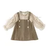 Meninas vestido de xadrez primavera outono crianças roupas bebê criança bebê estilo britânico dois peças vestidos de duas partes sleeve moda outerwear 210529