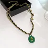 Pendentif Colliers U-Magical Creative Green Number Metal Gold Ball Collier pour femmes Twist Corde Noir Cuir Asymétrie Bijoux