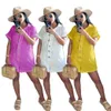 2022 frauen Einfarbig Hemd Kleid Mode Taste Kurzarm V-ausschnitt Lose Beiläufige Kleider Plissee Sommer Mini Röcke