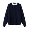 Vintage Girls Oversize Navy Sweaters Autumn Fashion Ladies Elegant Knitwear Casual Pullovers Women Chic Knitted Outfits 210427