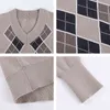 Vintage Argyle Plaid Y2K gebreide trui winter vrouwen mode herfst casual lange mouw v-hals jumper vrouwelijke trui top 210415