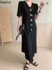 Урожай женская мода длинное платье с коротким рукавом V-образным вырезом Одиночные платья женская корейская кнопка повседневная свободная Vestido 210422
