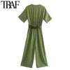 TRAF Mulheres Chique Moda Com Cinto Plissado Jumpsuits Vintage V Neck Manga Curta Elástica Cintura Elástica Playsuits Mujer 210415