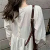 Primavera fresco manga comprida branco vestido sólido cintura alta o-pescoço vestido mujer lace up cintura fino feminino feminino robe 210514