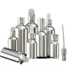 Lagringsflaskor JARS 5ML-100 ml Silver Glasflaska Essentiell oljedroppar Kosmetisk Förpackning Serum Lotion Pump Spray Atomizer 15st