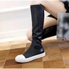 Vrouwen Knie Hoge Lange Stretch Laarzen Ronde Neus Mode Geplooide Leer Zwart Wit Stiksels Kleur Fluwelen Antislip Dames schoenen 211021