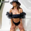 Sexy Lace Bubble Sleeve Bikini Women Swimsuit Bandeau Push Up Set Solid Swimwear Female Bathing Suits Beach Wear 210629