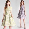 Arrival Summer Flower Jacquard Dresses Vintage Women's Sleeveless O-Neck Slim High Waist Ball Gown Dress Tank vestidos 210416
