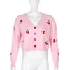 Zoete lente vrouwen truien lange mouw v-hals kersen borduurwerk cardigan jas losse trek femme jumpers gebreide shirts tops 210610