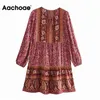 Loose Floral Print Mini Kobiety O Neck Bow Tie Boho Sukienka Kobiet Z Długim Rękawem Wakacje Casual Dresses Szata Femme 210413