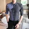 LoldealTopkvalitet vårrandiga skjortor för män Mode Patchwork Design Business Arbetsskjorta Halvärmad Slim Fit Smoking Herr Casual