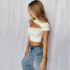 Sexy Solid Hollow Out Krótki Rękaw Kobiety Koszulki Casual Turtleneck Backless Ladies Slim Crop Tops Summer Bodycon Pullover 210517