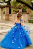 2022 Blue Flor Meninas Vestidos Lace Floral Apliques Sheer Garotas Garotas Garotas Garotas Garotas Gravuras Lace Up Crianças Vestido De Festa de Aniversário