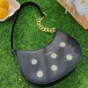 Embroidery Floral Shoulder Bag Moon Chain Women Summer Beach Handbag Branded Designer PU Leather