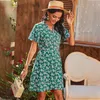 Summer V-neck A-Line Dress For Holiday Boho Short Sleeve Printed Dress Fashion Butterfly Sleeve High Waist 210712