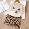 Set di abbigliamento per ragazza Primavera Inverno Abbigliamento per bambini Abito a maniche lunghe con cravatta Colletto per bambini carino Maglieria Outfit 2 pezzi 210429