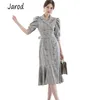Koreanische Frauen Mode Elegante Zweireiher Grau Plaid OL Stil Midi Kleid Hohe Qualität Rüschen Fischschwanz Mit Gürtel 210519