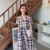 tasca Abito estivo Donna Cotone OL plaid Manica corta es Abito scollo a V femminile Lungo Boho Robe Femme Vestido 210423