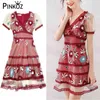 Rote Blume Stickerei Mesh V-Ausschnitt knielangen Kleid Sommer Kurzarm lässig süße Mädchen Mode Vestido de Mujer 210421