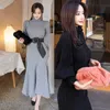 Koreanska Vinter Kvinnors Varma Turtleneck Stickade Klänningar Lantern Sleeve Mermaid Klänning Elegant Bottoming Vestidos 210529