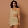 Summer Nude Bodycon Club Bandage Dress Feminine Hollow Mini Long Sleeve One Shoulder Celebrity Party 210525