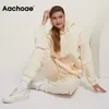 Aachoae sólido 100% algodón trajes mujeres conjunto polar pulóver sudaderas con capucha sudaderas pantalones casuales chándal de talla grande 210413