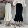 Asapgot Fall Winter Koreańskich Chic Ruffles Slim wysokiej talii Mermaid Spódnice Kobiety Dzikie Solidne Wrap Hip Dzianiny Trumpet Spódnica Faldas 210629