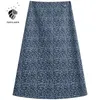 Fansilanen Leopard Print Elegant Blå Midi Skirt Kvinnor Höst Vinter Hög Midja A-Line Kvinna Office Lady Vintage 210607