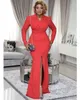 Frauen Party Kleid Rot Langarm Hohe Schlitz Paket Hüfte Elegante Büro Tragen Schlanke Afrikanische Weibliche Event Classy Anlass Roben 210416