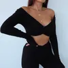 Women Long Sleeve Crop Tops Sexy Deep V Neck Basic Solid Black White Lady Casual Tshirt Sexy Off Shoulder T Shirts Summer Autumn Y0629